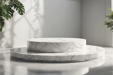 An elegant and radiant photo designed for product presentations, showcasing a sleek white marble podium for a sophisticated look. Generative AI