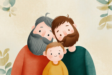 gay male couple with a kid. the illustration style is that of a children's book: simple, cute, and in full color, in high resolution