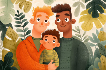 gay male couple with a kid. the illustration style is that of a children's book: simple, cute, and in full color, in high resolution