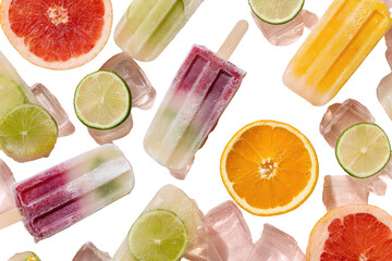 Vibrant popsicles and citrus slices atop ice