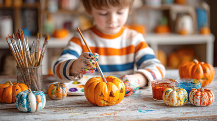 Fototapeta premium The boy enthusiastically paints a pumpkin for Halloween with colorful paints. The process of creating holiday decor with your own hands. Creative activity with a child for the autumn holiday.
