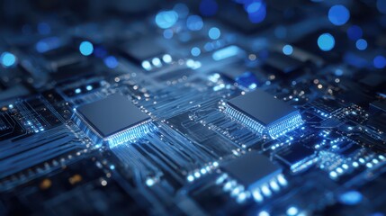 abstract blue circuit board background with microchips
