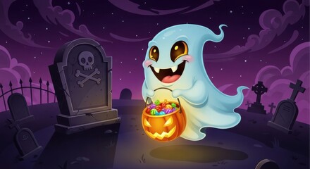 Fototapeta premium Cute cartoon ghost holding a pumpkin bucket full of candy in a spooky graveyard at night