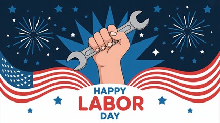 Hand holding wrench with american flag and fireworks for labor day holiday