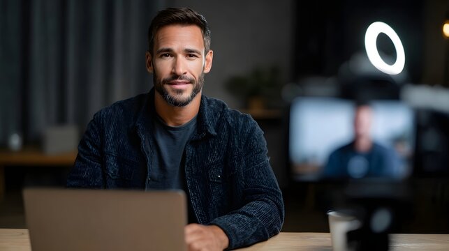 Professional man presenting an online webinar from his home studio surrounded by modern technology like a laptop and ring light for effective digital - Powered by Adobe