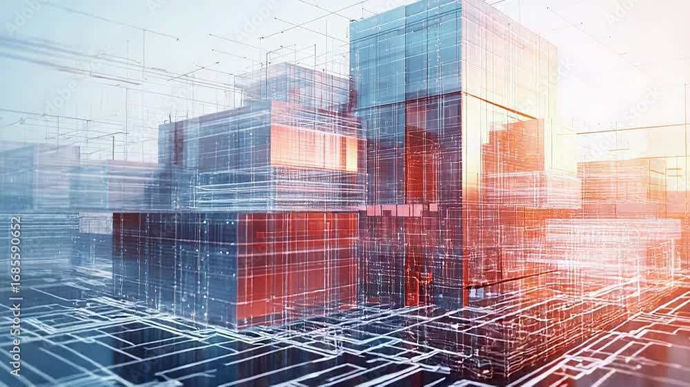 Poster futuristic buildings emerging from abstract grid pattern