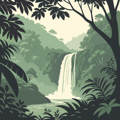 Vector illustration of a misty tropical rainforest featuring a tall cascading waterfall, surrounded by lush green foliage, dense jungle trees, exotic plants, misty air, and a serene atmosphere, flat c