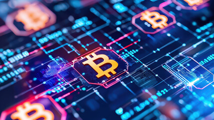 Digital currency blockchain technology cryptocurrency Bitcoin symbol network connections financial technology data visualization modern finance