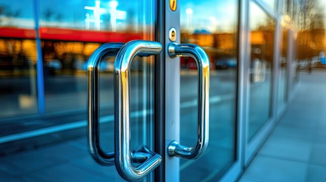 Opening glass door at modern retail store entrance urban setting architectural detail daytime close-up view