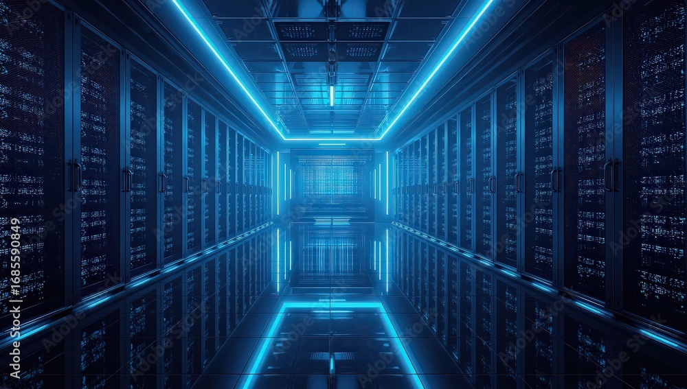 Fototapete a mesmerizing 3d rendering of a futuristic server room illuminated with vibrant blue neon lights, cr
