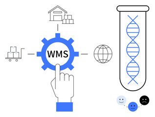 Hand pointing to WMS gear surrounded by warehouse, globe, and DNA helix, symbolizing logistics, technology, and customer satisfaction. Ideal for supply chain, automation, innovation logistics