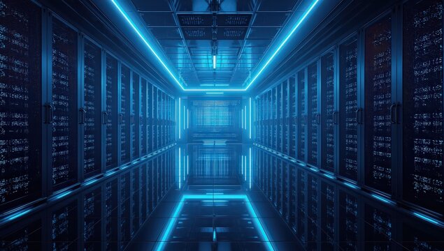 A mesmerizing 3d rendering of a futuristic server room illuminated with vibrant blue neon lights, creating a captivating and hightech atmosphere for data processing