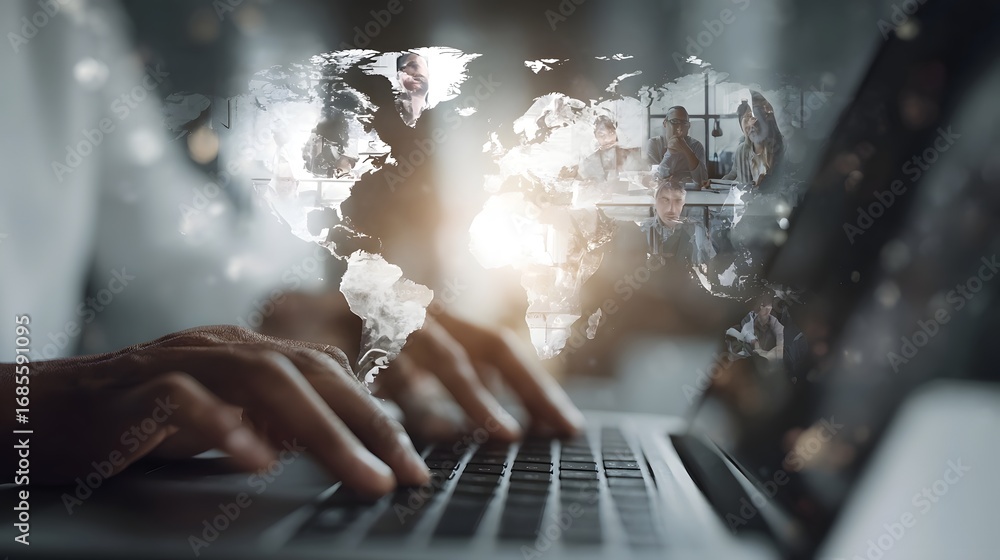 Aufkleber hands type on a laptop projecting a translucent world map with multiple video call symbolizing globa