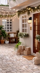 Decorative wreaths and colorful gifts embellish a cozy entrance, inviting a joyful holiday spirit to the outdoor space filled with greenery