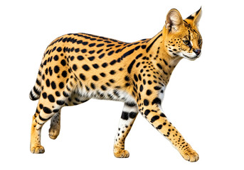 A spotted wild cat, showcasing intricate patterns and detailed fur, strides against a stark black backdrop.