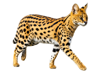 A spotted wild cat, showcasing intricate patterns and detailed fur, strides against a stark black backdrop.