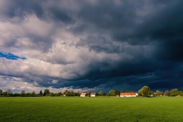 Obraz premium black and blue storm clouds over a green field