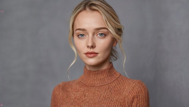 Joven mujer serena con cabello rubio ceniza recogido y cautivadores ojos azules, vistiendo un elegante su&eacute;ter rojo de cuello alto de punto texturizado. Una imagen sofisticada que transmite calidez 