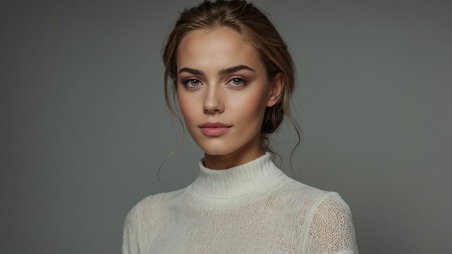 Retrato de estudio de una joven mujer con elegante peinado recogido y cautivadores ojos verdes, luciendo un su&eacute;ter blanco de cuello alto. Una imagen serena y sofisticada que resalta la belleza natural