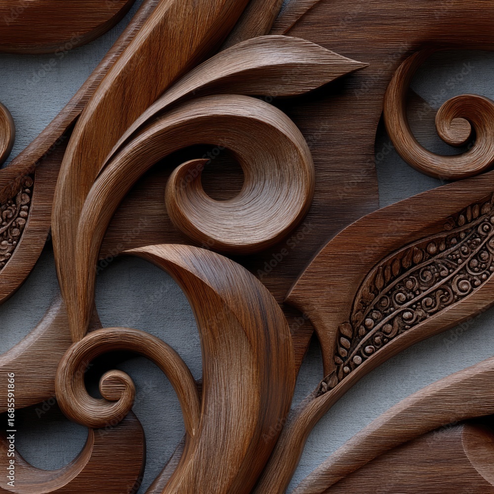 Poster ornate wood carvings feature elaborate leaf designs, creating a striking visual effect with texture 