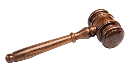 Wooden gavel, lying diagonally on a plain background.  Dark-brown hardwood, with polished finish.  Rounded head and handle