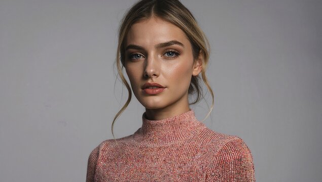 Primer plano de modelo con ojos claros y expresi&oacute;n serena, luciendo un jersey de cuello alto de moda con tejido tweed en tonos coral y blanco. Fotograf&iacute;a vers&aacute;til ideal para conceptos de estilo
