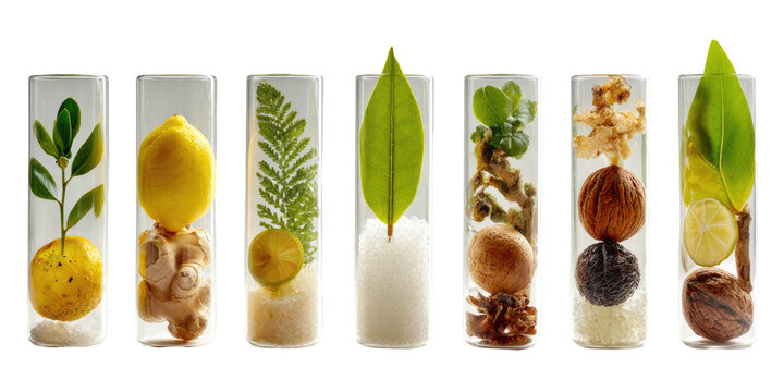 Transparent test tubes filled with natural ingredients