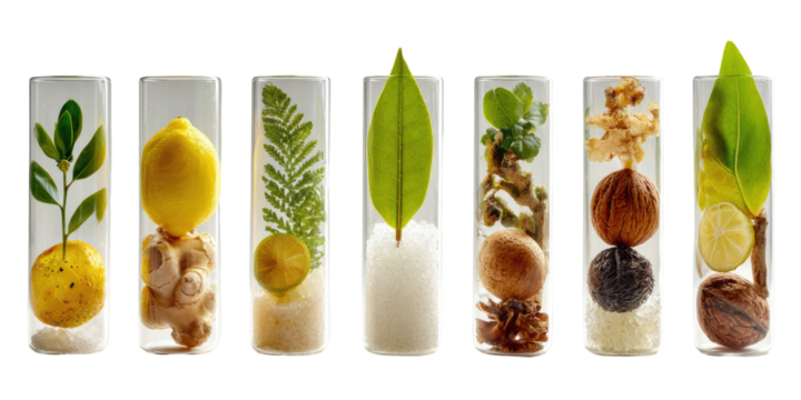 Transparent test tubes filled with natural ingredients