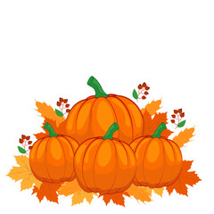 A bright vector composition with orange pumpkins, autumn leaves, and berries. An autumn festive design for Thanksgiving, Halloween, harvest, and seasonal decorations