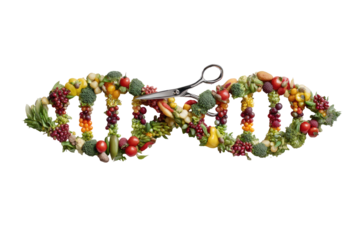 DNA helix formed from various fresh fruits and vegetables, with kitchen shears