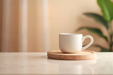 White Cup on Wooden Coaster