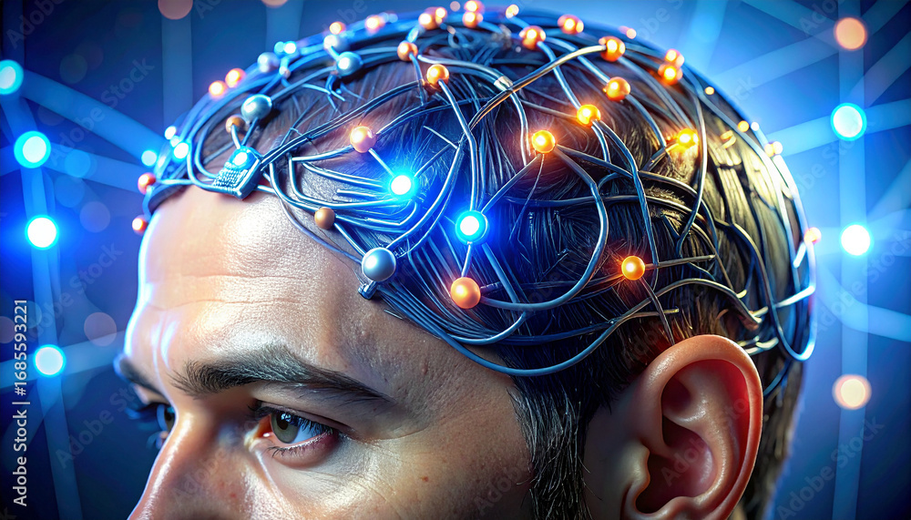 Poster digital brain: a close-up view showcases a futuristic digital brain, illuminated by intricate wiring