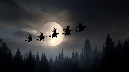 Halloween witches flying silhouette on broomstick over moon background