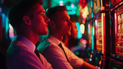 portrait of confident men in suit standing in casino.