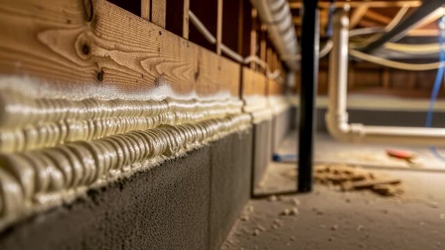 Interior shot of a crawl space where sprayfoam is applied along the rim joist line sealing drafts and moisture intrusion points.