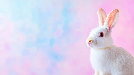 Obraz premium Cute rabbit with soft white fur sits against pastel pink and blue background, evoking sense of calm and joy