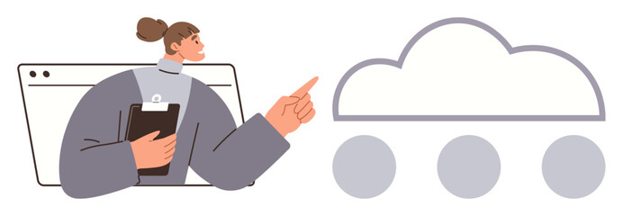 Woman holding clipboard, gesturing towards cloud with connected nodes, representing digital data sharing. Ideal for technology, innovation, cloud storage, teamwork, data management, connectivity
