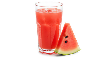 Refreshing Watermelon Juice with Ice Cubes Served in a Glass Alongside a Fresh Watermelon Slice, Isolated on a Bright White