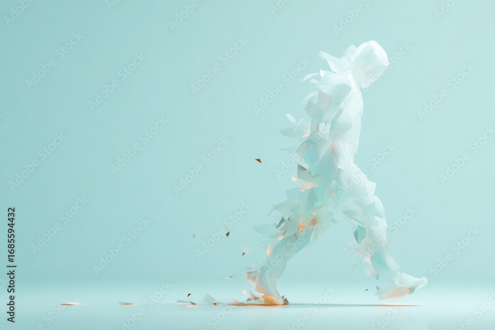 Poster ethereal figure walking through soft, luminous environment with dynamic particles swirling
