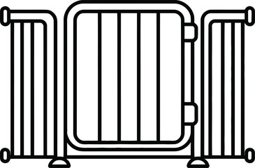 Simple line drawing of a metal pet gate with a door