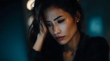Pensive woman with a troubled expression illuminated by soft light in a dark office setting deeply contemplating a difficult situation at work
