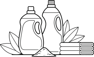 Line art illustration of laundry detergent bottles with leaves and folded towels