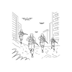 Four soldiers with rifles advance through a city street with drones overhead military warfare