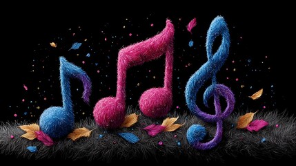 A bold doodle of electric blue and hot pink glitter music notes and sound waves, with vibrant contrast and crisp detailing.