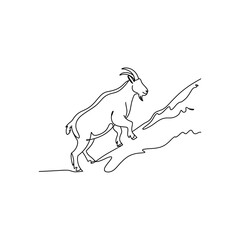 Single line drawing of a goat climbing a rocky mountain slope animal wildlife