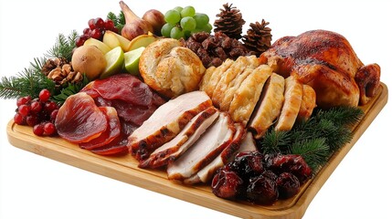 A wooden board is covered with an assortment of meats and cheeses