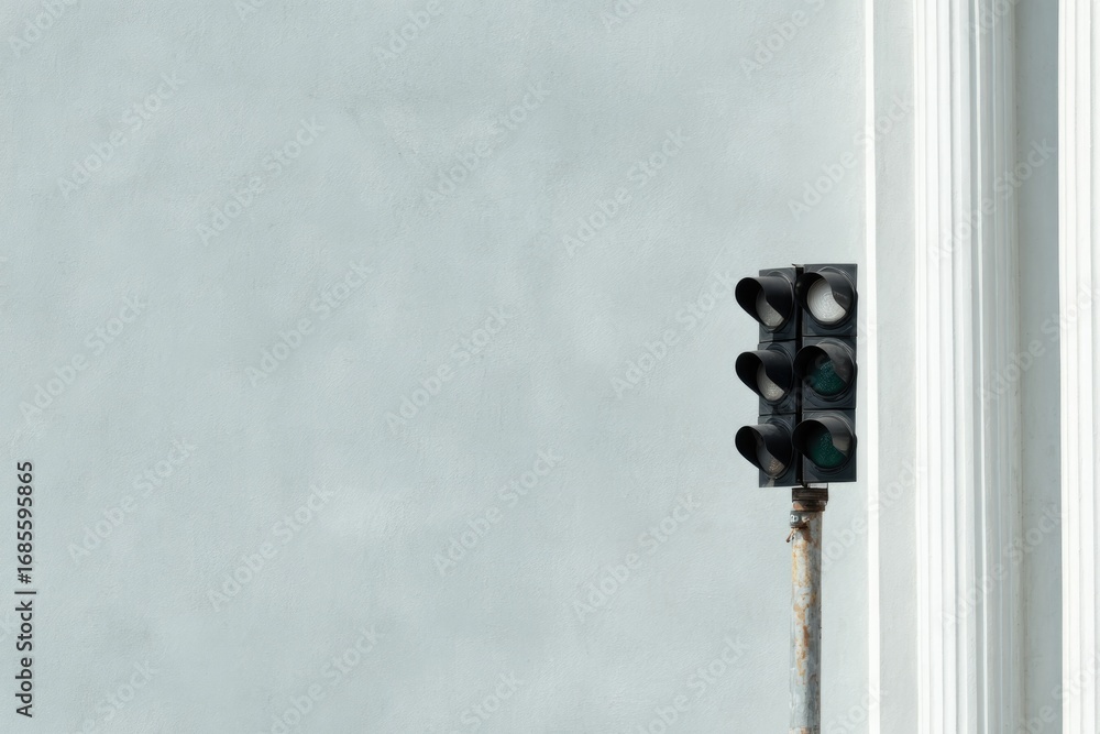 Poster traffic light partially visible against minimalistic gray background, creating intrigue