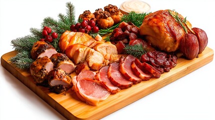 A wooden board is covered with an assortment of meats and cheeses