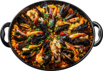 Seafood paella in a dark-hued skillet, showcasing a vibrant array of shellfish, shrimp, and rice