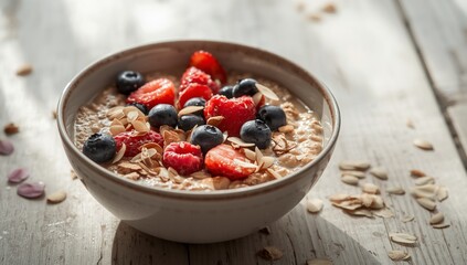 Oatmeal porridge with almonds and berries: blueberries, raspberries, strawberries. A nutritious healthy breakfast.